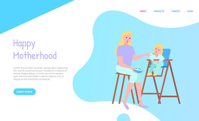 Happy motherhood web decorated by sitting people on chairs with table, portrait view of mother feeding with spoon daughter, parent and kid vector. Website or webpage template, landing page flat style