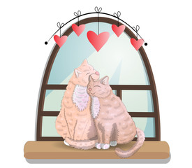 Two cats with heart shaped tails sitting on a windowsill in a room