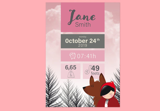 Baby Birth Announcement Layout with Girl in Red Hood and Wolf