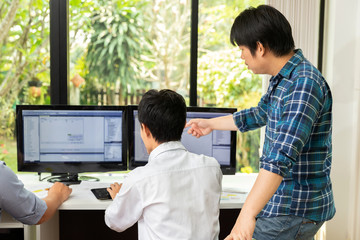 Obraz premium Programmers team working in a software developing. Developing programming and coding technologies. Website design. Cyber space concept.