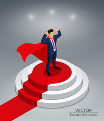 Super Hero Businessman stands on a round podium with a red carpet. Awarding Ceremony. Editable vector illustration on a gray background.