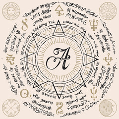 Illustration of the letter A in an octagonal star with magical inscriptions and symbols in retro style. Vector banner, mascot with old manuscript written in a circle on the beige background.