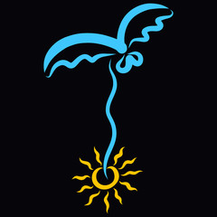 Blue bird carrying the sun, colorful pattern on a black background