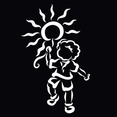 happy baby carries the sun like a balloon, black background