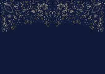 Fototapeta na wymiar Floral pattern with gold flowers and foliage. Wedding background. Dark and luxurious design. Illustration with copy space for text or design.