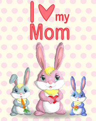 Mother s Day greeting card. Rabbit holding heart. Mom you are the best. I love you mom