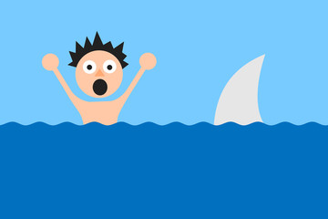 Obraz na płótnie Canvas Shark attack - human is going to be killed by animal in the ocean and sea. Man is screaming and shouting for help. Vector illustration