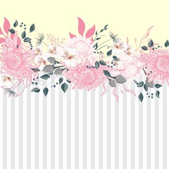 Horizontal striped pattern with chrysanthemum, leaves and herbs. Cute wedding floral design frame. Banner stripe element.