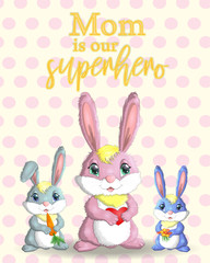Mother s Day greeting card. Rabbit holding heart. Mom you are the best. I love you mom