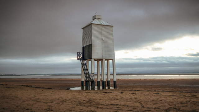 A cloudy evening at the Low Lighthouse in Burnham-on-Sea, Somerset, England, UK
