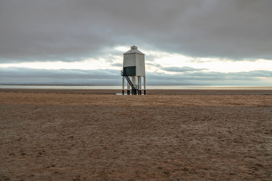 A cloudy evening at the Low Lighthouse in Burnham-on-Sea, Somerset, England, UK