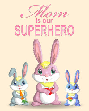 Mother s Day greeting card. Rabbit holding heart. Mom you are the best. I love you mom