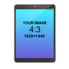 Black unbranded vertically oriented 4:3 tablet, front view, photorealistic vector mockup.