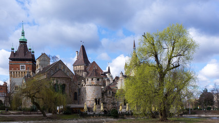 Sunset over Vajdahunyad Castle in the City Park of Budapest, Hungary.