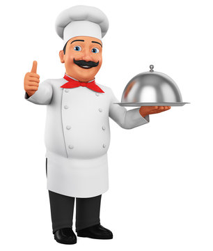 Cartoon character cook with dish showing thumbs up on empty space on white background. 3d rendering. Illustration for advertising.