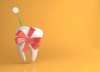 Tooth shape character, gift and dental mirror, Concept for dental check up offer, Isolated on orange background with copy space for your text or clinic promotion. 3D illustration.