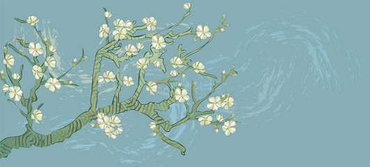 Spring almond branch, flowers. Blooming tree vintage. Boho style. By pictures Vincent Van Gogh almond branch retro.