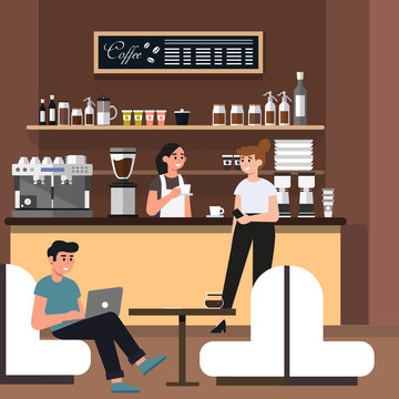 people working and relaxing at Cafe shop. Modern place interior to meet. design concept of cafe with people. Vector flat style cartoon illustration