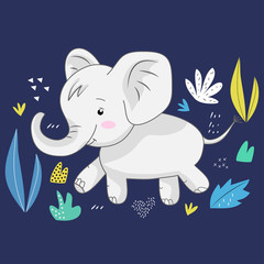 Cute elephant on a blue background surrounded by tropical leaves. Vector design.