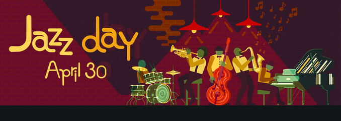 Poster on Jazz day April 30 where Jazz Band playing on musicail instruments piano, saxophone, double-bass, cornet and drums in Jazz Bar