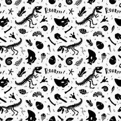Dinosaur skeleton and fossils. Vector seamless pattern. Original design with t-rex, dinosaur bones, stones, traces, plants and eggs. Print for T-shirts, textiles, web. White background.