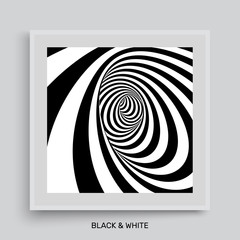 Tunnel. Optical illusion. Black and white abstract striped background. Cover design template. 3D vector illustration.