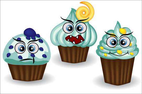 Cute and colorful kawaii style muffin emoticons collection expressing different emotions or feelings.