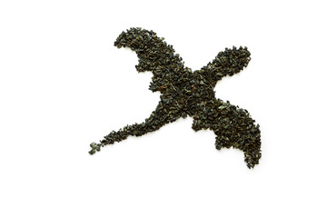 Dragon made from dry green tea on white background. Minimal, creative or food art concept. Copy space. Top view