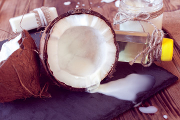set of coconut products for hair care and body