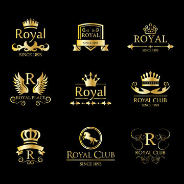 Royal Luxury Classic Logo Set - Isolated On Black Background. Vector Illustration Of Gold Royal Logo, Graphic Design. For Label, Emblem, Seal, Icon Template And App