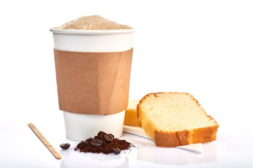 coffee cup and pound cake on white background