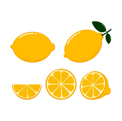 Fresh lemon fruits and slices with leaf, collection isolated on white background of vector illustrations.