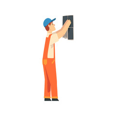Professional Builder Installing Ceramic Tiles on Wall, Male Construction Worker Character in Orange Overalls and Blue Cap Installing Small Ceramic Tiles on Wall on Vector Illustration