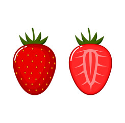 Strawberry fruit and slices. Red berries Isolated on white background. set icons. Vector illustration.