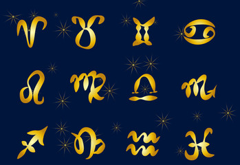 Set of golden Zodiac signs on a dark background. Square icons.