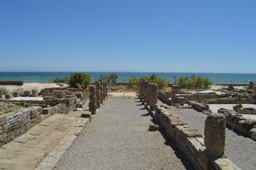 Old Houses In Roman City Baelo Claudia Dating In The Second Century BC Beach Of Bologna In Tarifa. Nature, Architecture, History, Archeology. July 10, 2014. Tarifa, Cadiz, Spain.