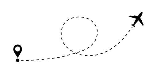 Airplane dashed lines path with start point and dash line trace. Around the world travel concept. Isolated on white background. vector illustration.
