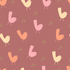 Fototapeta na wymiar Cute hand drawn color vector seamless pattern. Orange, pink, beige birds isolated on purple background. Unique abstract texture for invitations, cards, websites, wrapping paper, textile 