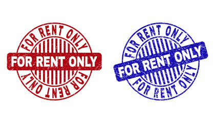 Grunge FOR RENT ONLY round stamp seals isolated on a white background. Round seals with grunge texture in red and blue colors.