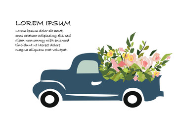 Vintage car with flowers. Engraving style. Vector illustration. Wedding car