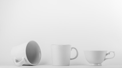 collection of a white ceramic coffee cup on white background.