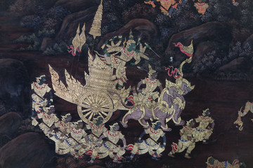 Obraz premium The Ramakien (Ramayana) mural paintings along the galleries of the Temple of the Emerald Buddha, grand palace or wat phra kaew Bangkok Thailand
