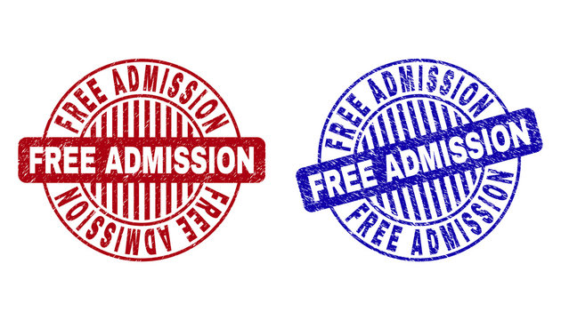 Grunge FREE ADMISSION round stamp seals isolated on a white background. Round seals with grunge texture in red and blue colors.