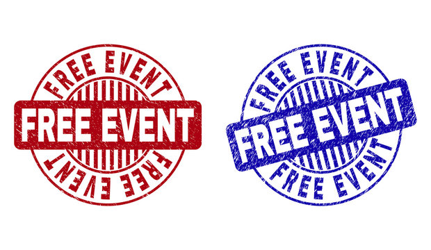 Grunge FREE EVENT round stamp seals isolated on a white background. Round seals with distress texture in red and blue colors.