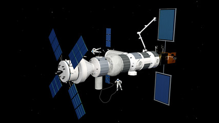 Stazione spaziale Gateway per la nuova missione spaziale verso la luna nel 2026, rendering 3D © robynt