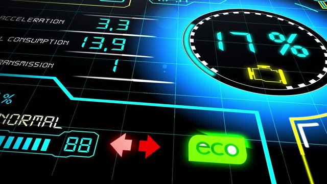 Animation of countdown from 100 to 0, with binary code numbers around.Futuristic elements are animated on a computer monitor. Electronic processes in digital data processing