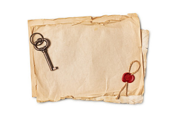 Mock up of empty old vintage paper sheets with red wax seal and retro key