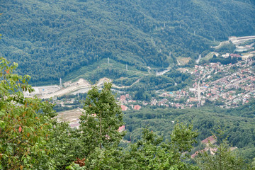 Village in a mountain valley among the green forest.
