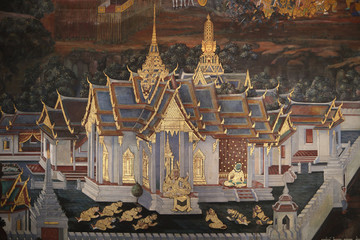 The Ramakien (Ramayana) mural paintings along the galleries of the Temple of the Emerald Buddha, grand palace or wat phra kaew Bangkok Thailand © Weerayuth
