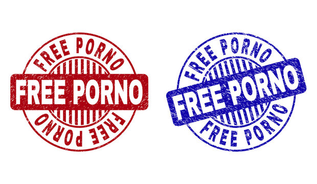 Grunge FREE PORNO round stamp seals isolated on a white background. Round seals with distress texture in red and blue colors. Vector rubber imprint of FREE PORNO label inside circle form with stripes.